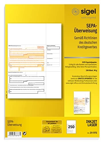 SIGEL ZV572 SEPA-Überweisungen, A4, 250 Blatt, Überweisungsträger / Zahlschein, mit gratis Beschriftungsvorlage