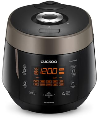CUCKOO High Pressure Rice Cooker 10-Cup Uncooked / 20-Cup Cooked with Nonstick Inner Pot, Large Rice Maker with 13 Menu Options and Steam Plate, Fuzzy Logic Tech, Voice Guide, Black (CRP-P1009SB)