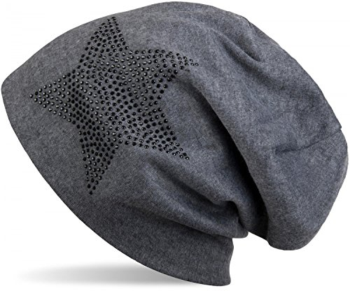 styleBREAKER Klassische Unisex Beanie Mütze mit Stern Strass Applikation, warm 04024023, Farbe:Grau meliert/Schwarz