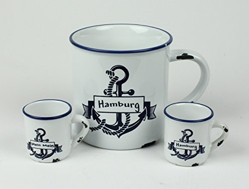 Buddel-Bini 3er Set Hamburg Moin Moin Anker Kaffeebecher Kaffeepott weiß BLAU Rusty Emaille-Optik Tasse Becher