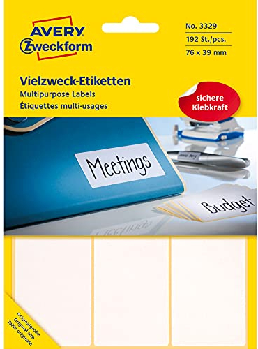 Avery Zweckform 3329 Haushaltsetiketten selbstklebend 192 Stück (76x39mm, 32 Bogen mit je 6 Aufklebern, Vielzweck-Etiketten für Haushalt, Schule und Büro zum Beschriften und Kennzeichnen) blanko, weiß