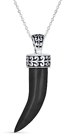 Schutz Zahn Amulett Schwarzer Onyx Edelstein Cornicello Italienisches Horn L Chili Pfeffer Anhänger Halskette Westlicher Schmuck Für Frauen Für Männer Oxidiertes .925 Sterlingsilber Scroll