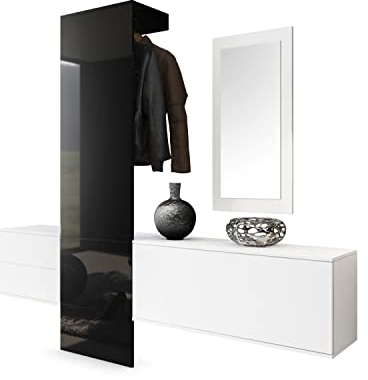 Vladon Garderobe Wandgarderobe Carlton Set 1, Made in Germany, Korpus in Weiß matt/Paneel in Schwarz Hochglanz