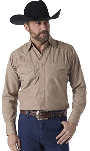 Wrangler Men's Sport Western Two Pocket Long Sleeve Snap Shirt Shirt, Dark Tan, M