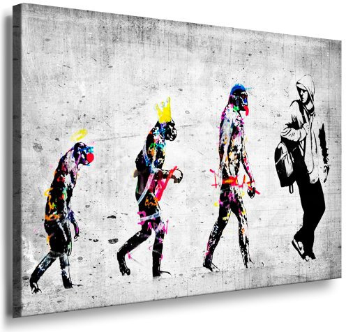 Banksy Evolution - Street Art Graffiti Leinwand Bild fertig auf Keilrahmen - Kunstdrucke, Leinwandbilder, Wandbilder, Poster, Gemälde, Pop Art Deko Kunst Bilder