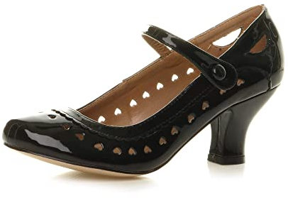Ajvani Womens Ladies Low Kitten Heel Work Classic Court Shoes , Black Patent, 9 UK