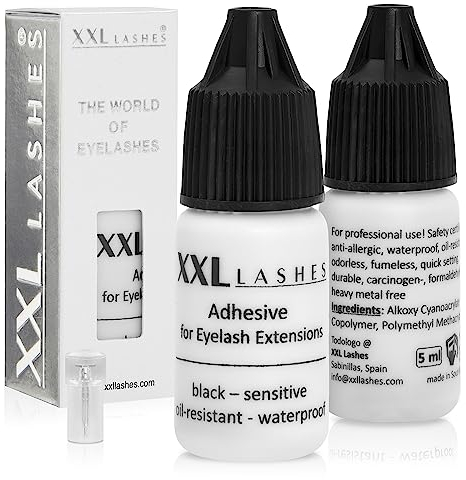 XXL Lashes Eyelash Adhesive negro: Pegamento para extensiones de pestañas resistente al aceite y al agua,hipoalergénico, seguridad certificada,larga duración,libre de carcinógenos metales pesados, 5ml
