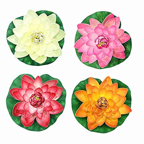 NAVAdeal 4 Stück 17,8 cm künstliche schwimmende Schaumstoff-Lotusblumen für Pool, realistische Seerosen-Pads, rosa, elfenbeinfarben, weiß, orange, karminrot, perfekt für Zuhause, draußen, Terrasse, Teich, Aquarium, Hochzeit, Party-Dekorationen