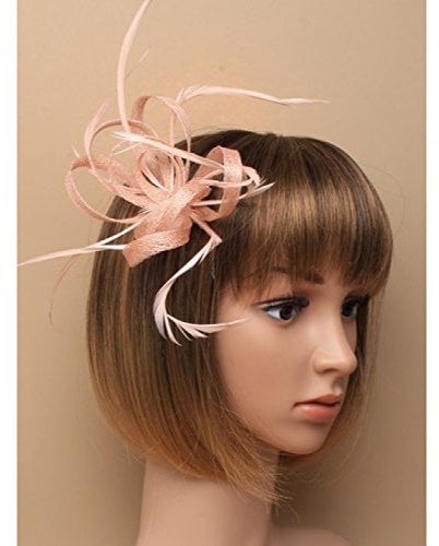 5906 Nude Looped hessian sinamay and feather fascinator on a beak clip with brooch pin Wedding Races