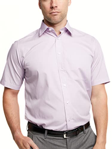 Double TWO Men's Short Sleeve Dress Shirt Easy Care Classic Fit Formal Plain Business Shirt - Lilac, 23in Collar
