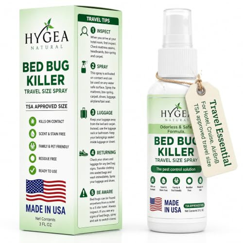 Hygea Natural Lice, Mite, and Bed Bug Killer Travel Spray - TSA Approved Size – Child & Pet Friendly – Immediate Results – Stain & Odor Free, for Hotels, Suitcase, Backpack, Shoes, Bed Bug Spray(3oz)