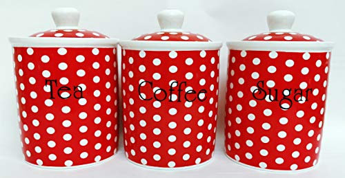 Red Dots Tea Coffee Sugar Canisters Fine Bone China Red Storage Jars Hand Decorated in The U.K.