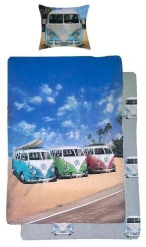 Volkswagen Bettwäsche VW Bus Bulli Strand Palmen Bezug 135x200cm Kissen 80x80cm Renforcé mit Reißverschluss 100% Baumwolle …