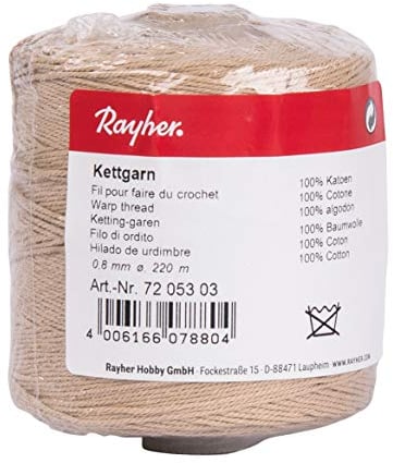 Rayher 7205303 Kettgarn, Rolle 220 m, Nr. 9, 0,8 mm stark, 6-fädig, beige, 100% Baumwolle, zum Bespannen von Webrahmen