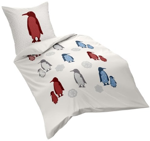 fleuresse 132929 Fb. 2 Feinbiber Bettwäsche 135 x 200 cm, rot/blau Pinguin