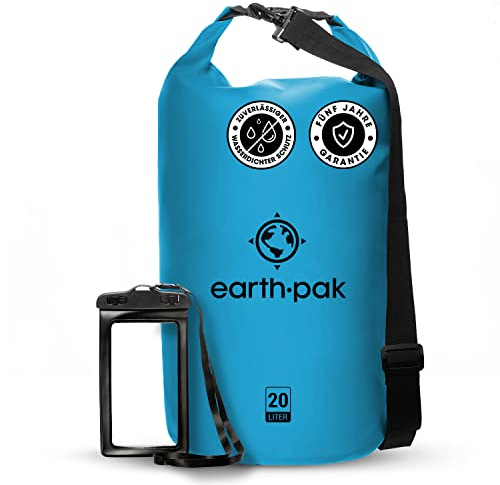 Earth Pak – Wasserdichter Packsack mit Schultergurt und wasserfester Handyhülle – Ideale Rolltop Tasche beim Kajak Fahren, Wandern, Camping, Angeln, Bootfahren und Rafting (Hellblau, 20L)