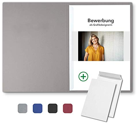 10 Stück 2-teilige Bewerbungsmappen Grau mit 1 Klemmschiene in feinster Lederstruktur - inkl. 10 Versandumschläge in Weiß GRATIS - hochwertige Prägung „BEWERBUNG“