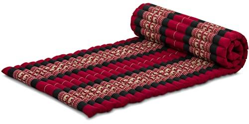 livasia Rollmatte Rollmatratze M schmal Einzelbett - 200x75x4,5cm - Gästebett Gästematratze 1 Person mit Muster, Reisebett Kofferraum Outdoor, Thaimatte Kapok Garten handgefertigt (Rot/Elefanten)