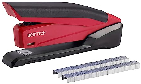 Bostitch Office Executive 3 in 1 Stapler, Includes 210 Staples and Integrated Staple Remover, One Finger Stapling, No Effort, 20 Sheet Capacity, Spring Powered Stapler, Red