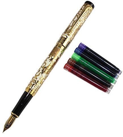 Gullor Advanced Fountain Pen Jinhao 5000 Apricot and Gold Dragon Year with Gift Box and Ink cartridges