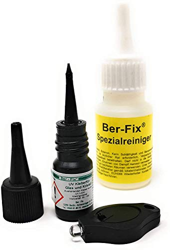 Ber-Fix UV Kleber mit Lampe Set DER Glaskleber für Glas Glas und Glas Metall 3g Mittelviskos 500mPas Glas Reparatur Set praktisch mit UV Lampe klein + Reiniger