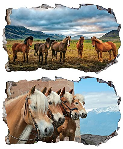 2Pcs Pferd Horse Wandtattoo 3D Effekt XXL Wanddurchbruch Fenster Wandaufkleber für Junge Mädchen Kinderzimmer Groß 1000mmx600mm