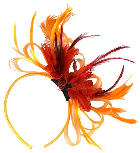 Serre-tête bibi à plumes orange et rouge pour mariage Royal Ascot Races