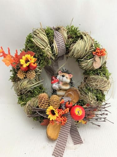 Türkranz Kranz Herbstkranz rund mit Igel sitzend ø 28 cm - Herbst - Willkommensgruß - 816