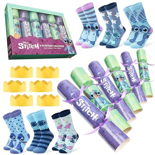 Disney Stitch Christmas Crackers Set of 6 with Socks Inside One Size Crew Socks Minnie Mouse Women Teenagers Kids Gifts (Teal/Purple Stitch - Adult)
