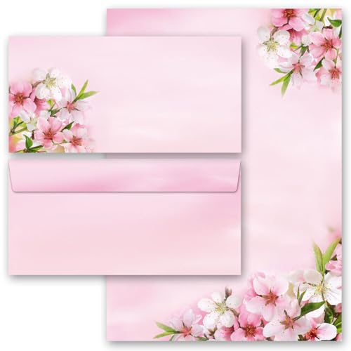 Briefpapier Set, 40 tlg. PFIRSICHBLÜTEN, 20 Blatt Briefpapier + 20 passende Briefumschläge ohne Fenster, DIN A4 & DIN LANG im Set.,