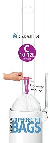 Brabantia IdealFit Bin Liners (Size C/10-12 Litre) Ideal Quality Thick Plastic Trash Bags with Tie Tape Drawstring Handles (20 Bags)
