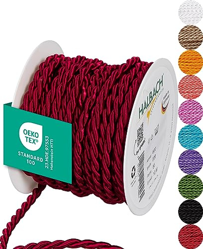 Halbach Satinkordel, 6 mm x 10 m, weinrot | Glänzende Acetat-Kordel, Made in Germany und Öko-Tex 100 zertifiziert, waschbar und wetterfest, ideal für Indoor und Outdoor