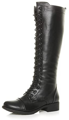 Ajvani Femmes talon bas hauteur du genou mollet armée lacer bottes militaires pointure Noir 6 39