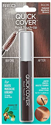 RED by KISS Quick Cover Root Touch Up Rescue (Natural Medium Brown) Mascara Natural Water-Resistant Temporary Gray Concealer Cover Up Brush for Hair Mustache & Beard, Formulated with Jojoba Oil