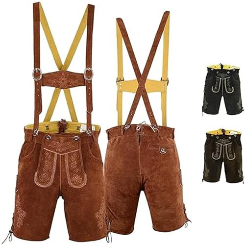 German Wear Kurze Trachtenlederhose Lederhosen mit Hosenträger (DE/NL/SE/PL, Numerisch, 56, Regular, Kurz, Kastanienbraun)
