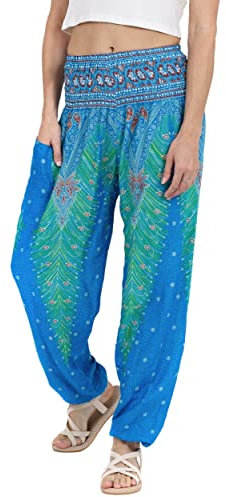 Lofbaz Damen Haremshose Yogahose Pumphose Hippie Hose Boho Kleidung Festival Outfit Sommerhose Leicht Sommer Hosen - Peacock 1 Hellblau M