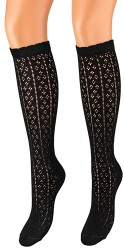 Piarini 35-38 1 Paar Dirndlstrümpfe Damen - lange Trachtenkniestrümpfe mit Häkellook - Trachtenstrümpfe aus Baumwolle lang schwarz