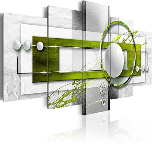 B&D XXL - Wandbilder XXL Abstrakt 200x100cm 5 tlg - Wand Deko Leinwand Bilder Groß Wanddeko Wohnzimmer Schlafzimmer Kunstdrucke - geometrische Muster Kreise Textur grün grau weiß