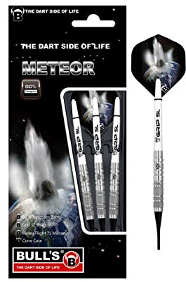 Meteor Soft Dart aus 80 % Tungsten. Dartset aus 3 Dartpfeilen, entwickelt mit über 10 Varianten, unterschiedlich gefräste Barrelvarianten ermöglichen individuell ausgeprägte Grip-Level