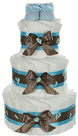 XXL Windeltorte für Jungen mit Babybooties blau | Geschenk zur Geburt und Baby Shower | 3-stöckig