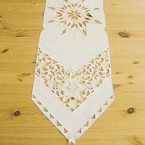Tischband - ecru-gold Stickerei Sterne (30/160 cm)
