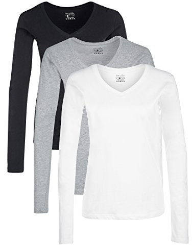 Berydale Women's Long Sleeve V-Neck T-Shirt, pack of 3, Multicolored (Black/White/Grey), M