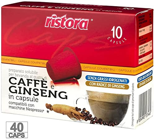 Ristora Lot de 4 capsules de café ginseng compatibles avec machines Nespresso – Dosettes de café en résine intenses sans graisse crémeuses préparées pour boissons sans gluten (4 x 10 pièces)