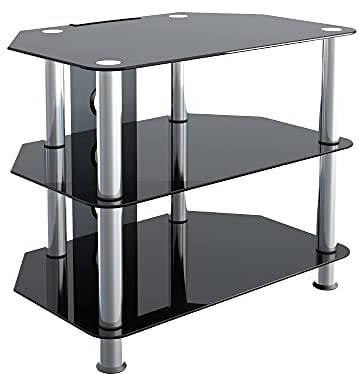 mahara Glass Corner TV Stand – Universal Black Glass TV Unit 60cm wide with Glass Shelves and Cable Management – TV Floor Stand Suitable for up to 32” TVs and Max Weight 35kg