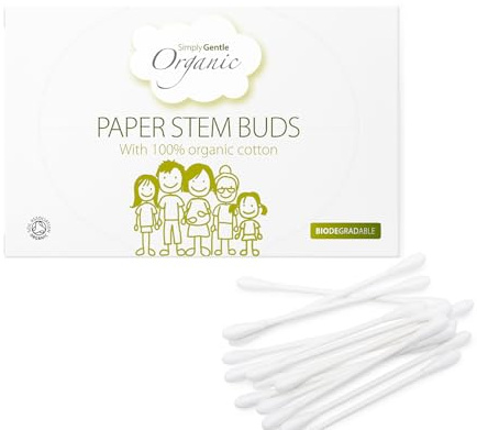 Simply Gentle Organic, Cotton Buds - 100% Organic Cotton & FSC Paper Stems - for Cleaning Delicate Areas Around Eyes and Outer Ears - Eco Friendly & Biodegradable - 200 Buds