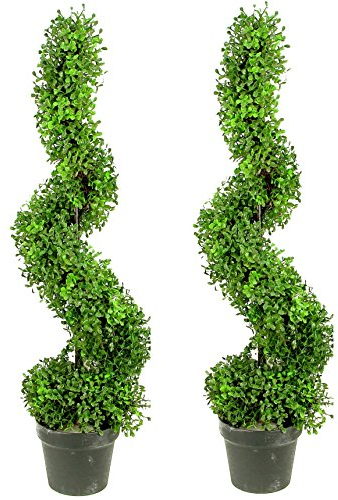 Admired By Nature Künstlicher Buchsbaum-Blätter, Spiral-Formschnitt-Pflanzbaum in Kunststofftopf, Grün, 2 x 91 cm