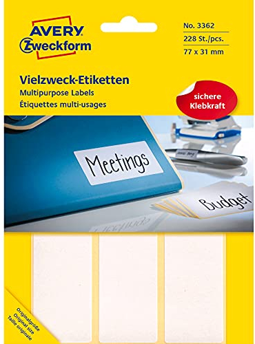 Avery Zweckform 3362 Haushaltsetiketten selbstklebend 228 Stück (77x31mm, 38 Bogen mit je 6 Aufklebern, Vielzweck-Etiketten für Haushalt, Schule und Büro zum Beschriften und Kennzeichnen) blanko, weiß
