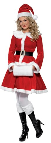 Smiffys Miss Santa Costume, Red with Jacket, Skirt, Hat, Belt & Muff, Christmas Adult Fancy Dress, Santa Dress Up Costumes