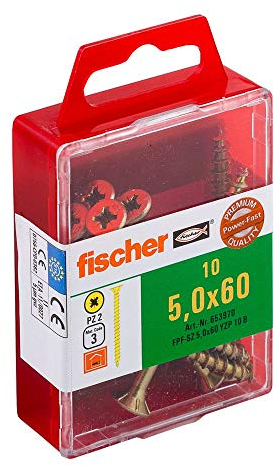 Fischer 653970 Power-Fast Lot de 10 Vis à tête fraisée 5,0 x 60 mm TG PZ galvanisée Jaune