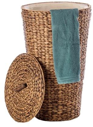 Casa Mina® Wäschesammler mit Deckel D35 x H55cm hoch I Atmungsaktiver Wäschekorb geflochten aus 100% Naturfaser I Robuster Wäschesammler mit Griffen & waschbarem Innensack I Wäschekörbe - Lombok